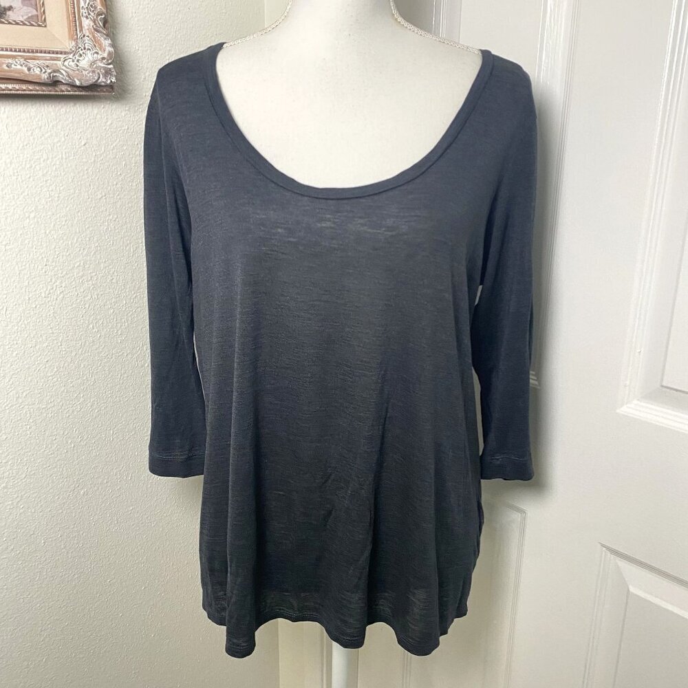 Eileen Fisher Gauzy Dark Charcoal Black Scoop Neck 3/4 Sleeves Size Medium As Is